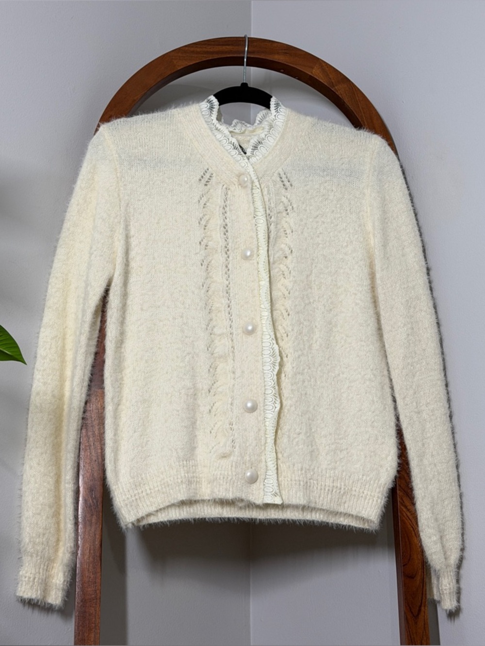 SHEIN Frenchy SMALL US 4 Ivory Lace Trim Button-Up Cardigan Sweater NEW